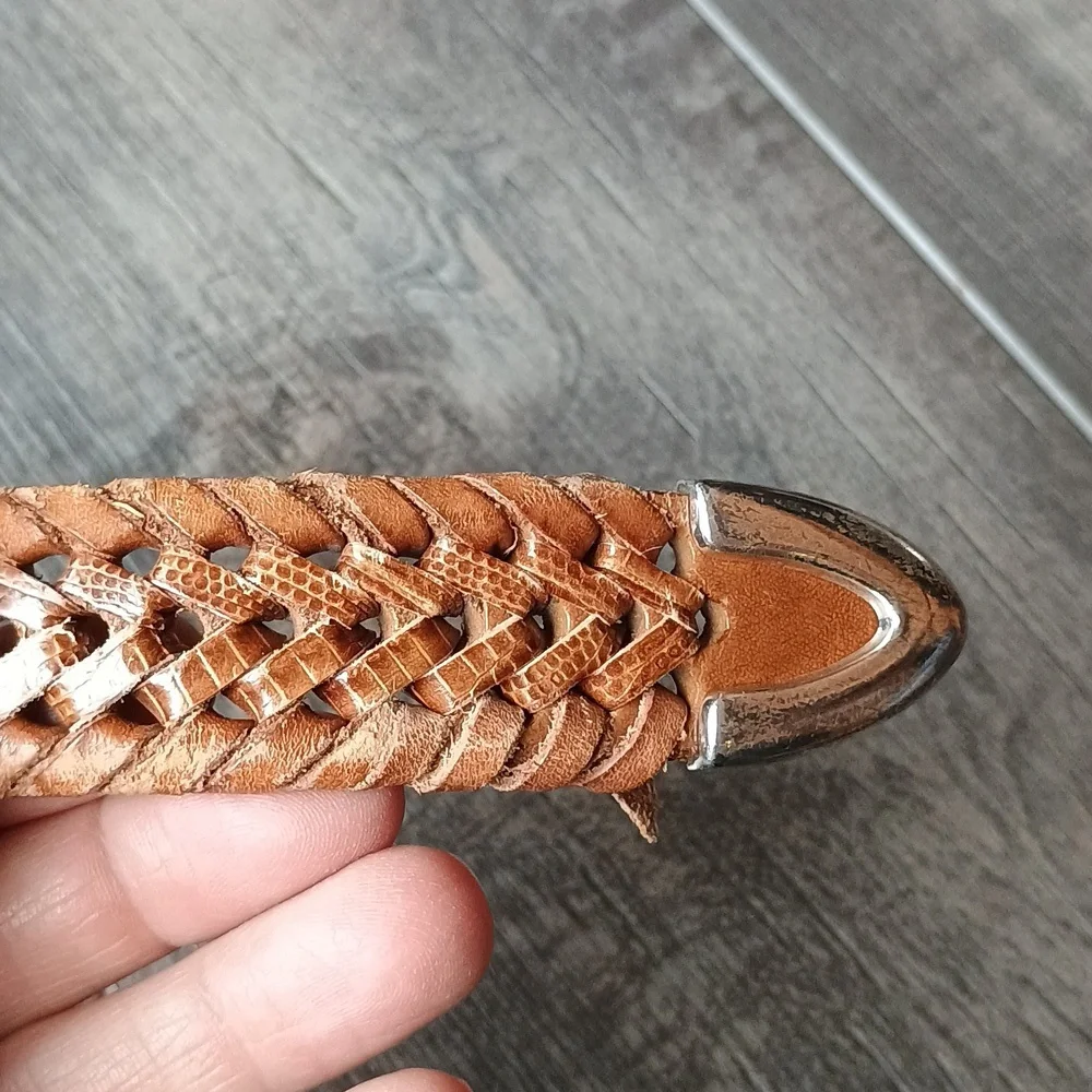 Fossil Tan Braided Leather Belt with Silver Buckle
